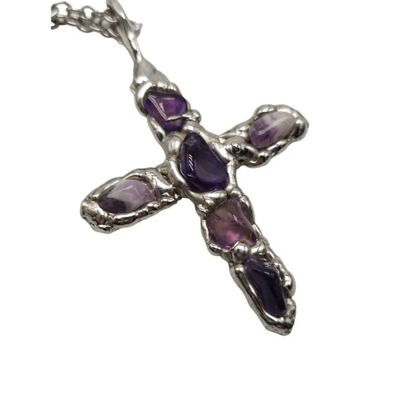 Amethyst Gemstone DENMARK Cross Large Pendant Chain Necklace Silver Tone Vintage - Picture 4 of 9
